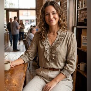 Moon Collection Sage Swiss Dot Ruffle Blouse L EUC